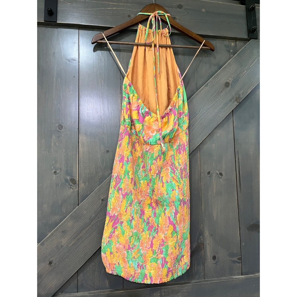 Lost + Wander Peach Multi Floral Halter Smocked Mini Dress Small Vacation Summer - Picture 5 of 10